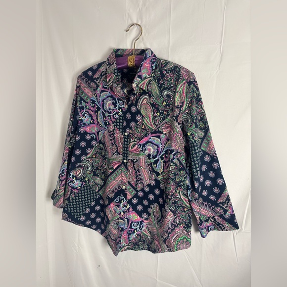 Women’s 100% Cotton Navy Blue Paisley Patchwork Boho Spring Button Down Size XL - Picture 2 of 13